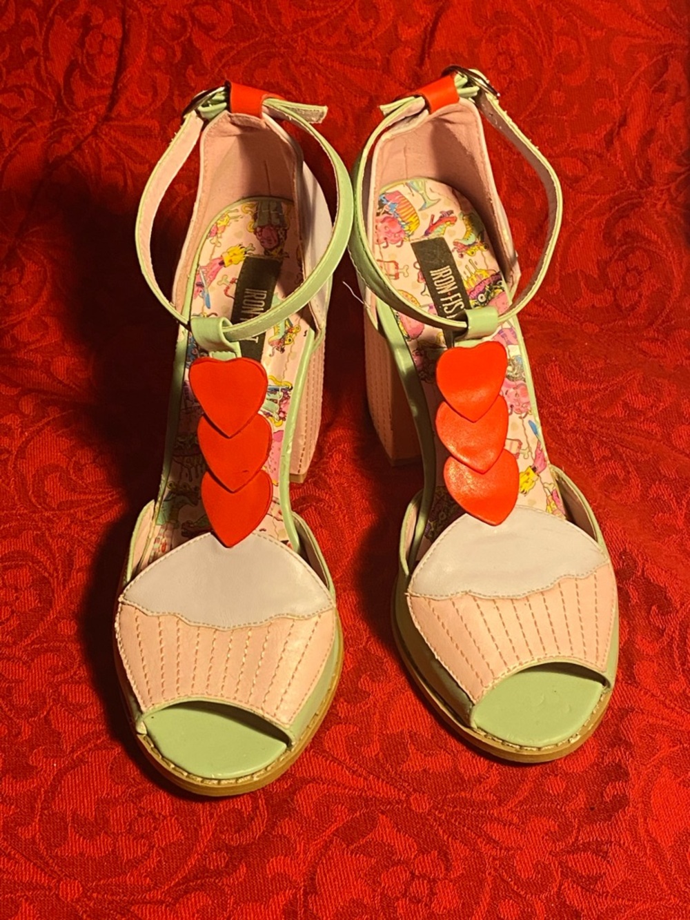 Iron Fist T-strap high heel sandals,pastel shades,cupcake details,red hearts,7 - Picture 4 of 15